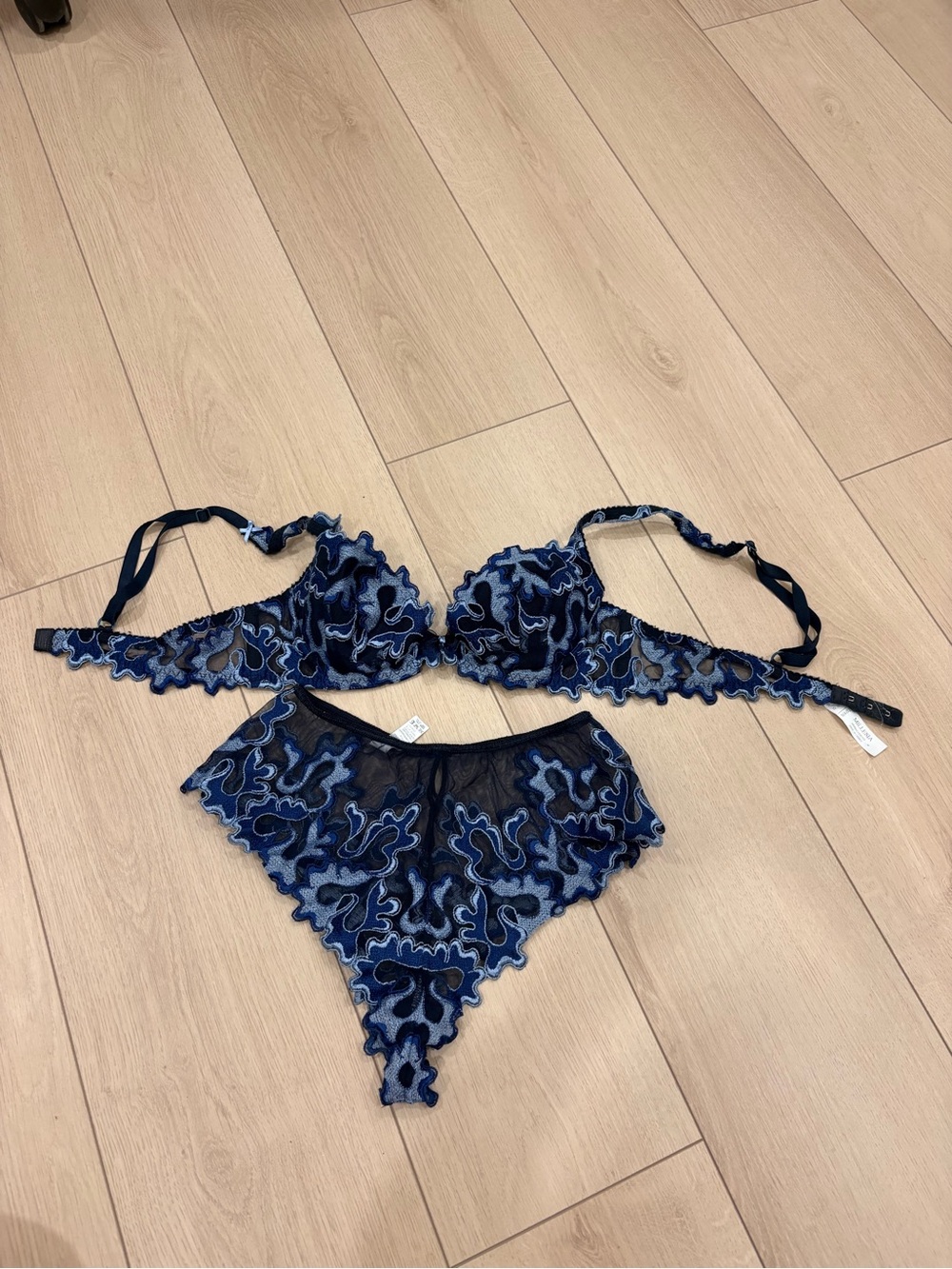Sheer Embroidered Navy Blue Lace Bra & Brief Set
